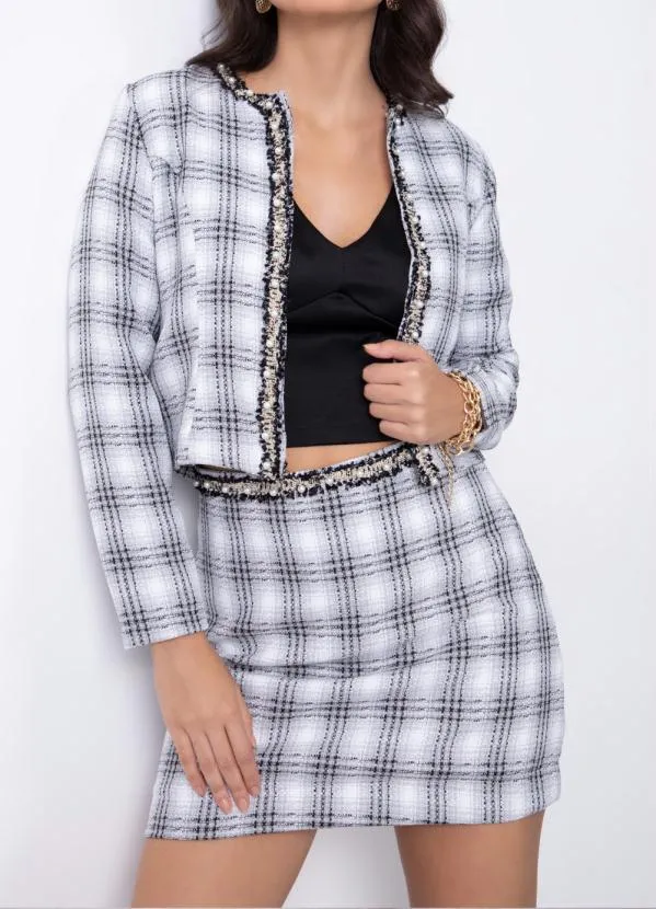 Quintess - Casaco em Tweed Xadrez Cinza com Pérolas