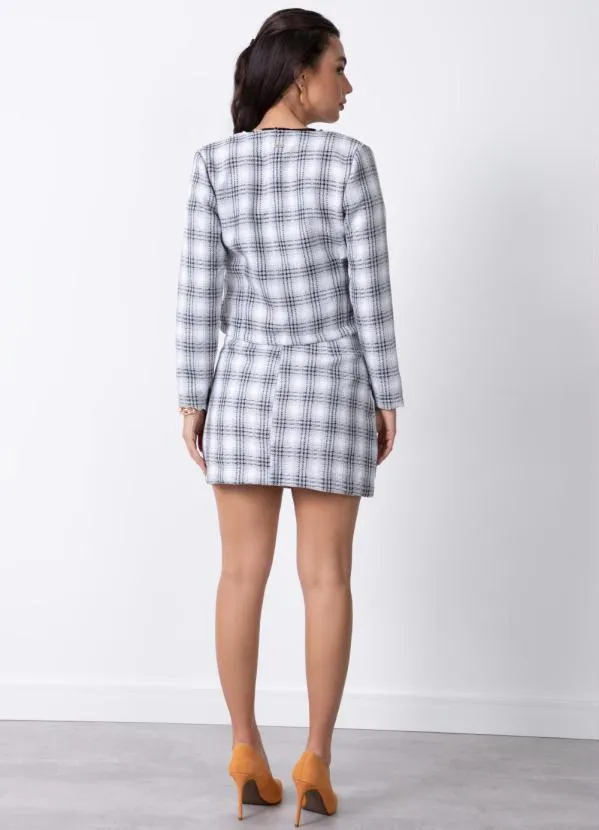 Quintess - Casaco em Tweed Xadrez Cinza com Pérolas 5