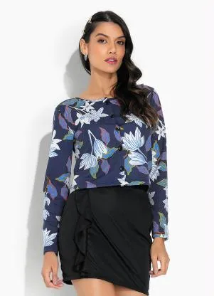 Moda Pop - Casaco Floral Azul com Fechamento em Botões - MODA POP