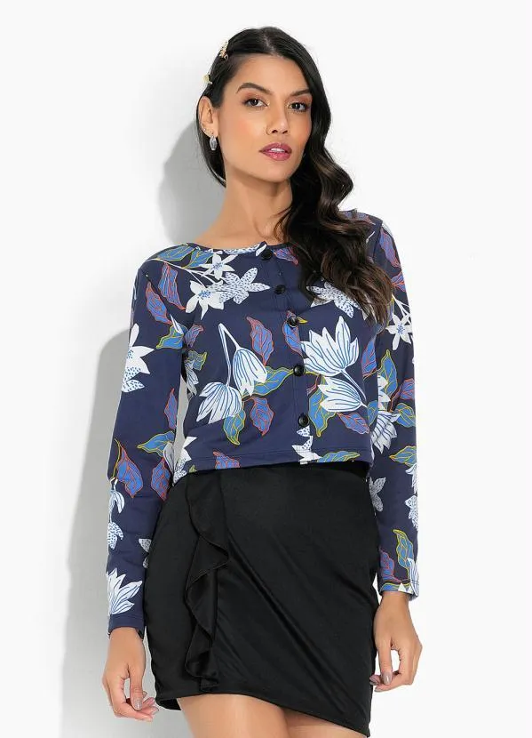 Moda Pop - Casaco Floral Azul com Fechamento em Botões