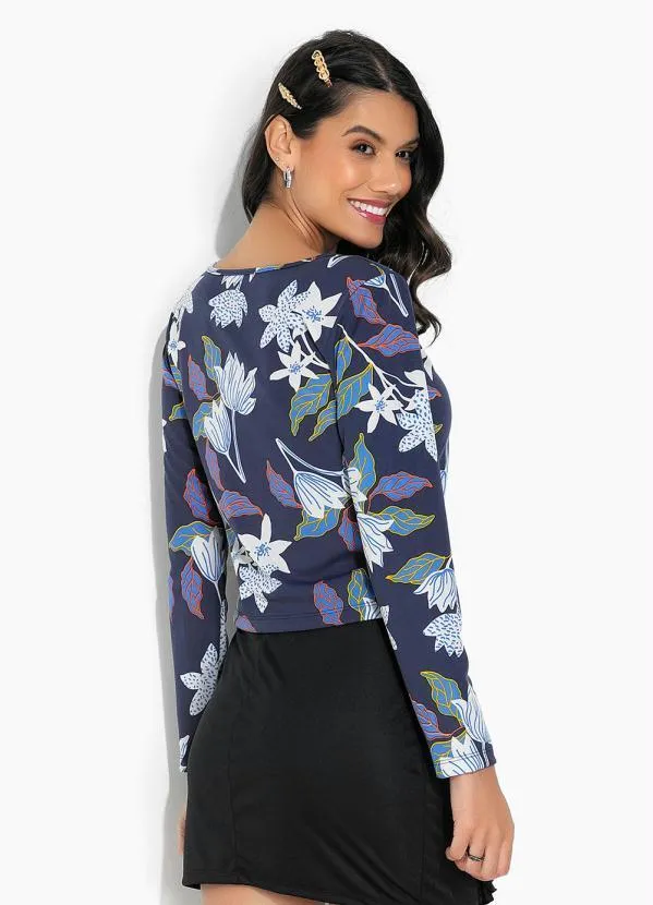 Moda Pop - Casaco Floral Azul com Fechamento em Botões 2