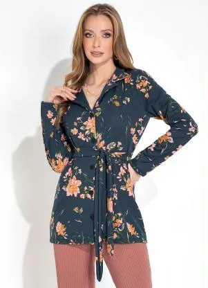 Moda Pop - Casaco Floral Marinho com Botões e Amarração - MODA POP
