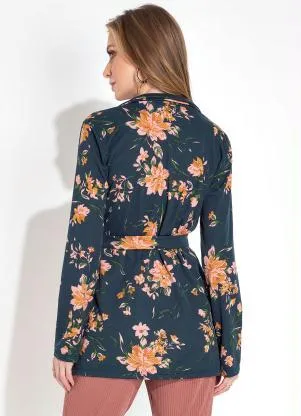 Moda Pop - Casaco Floral Marinho com Botões e Amarração - MODA POP