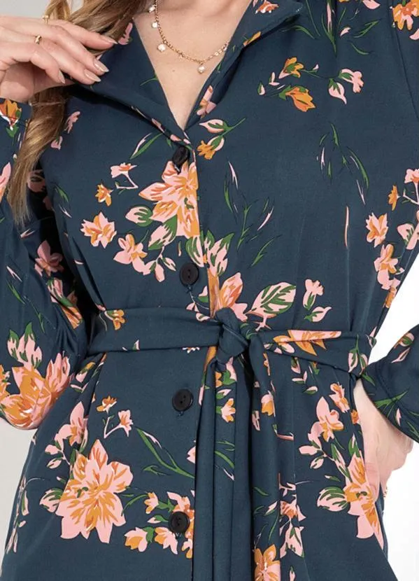 Moda Pop - Casaco Floral Marinho com Botões e Amarração 3