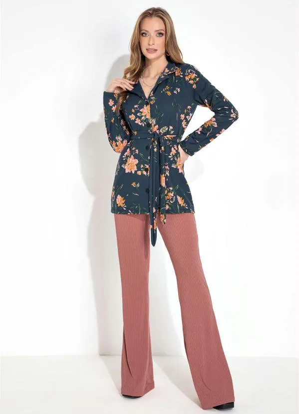 Moda Pop - Casaco Floral Marinho com Botões e Amarração 4