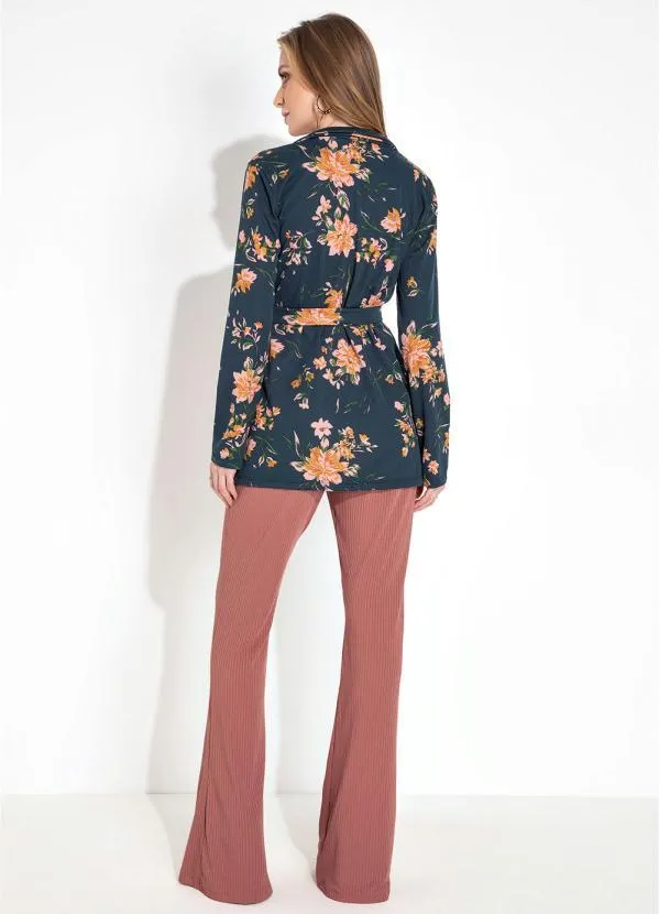 Moda Pop - Casaco Floral Marinho com Botões e Amarração 5