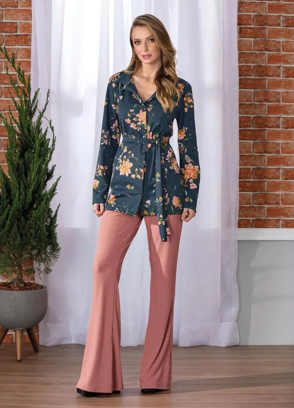 Moda Pop - Casaco Floral Marinho com Botões e Amarração 6