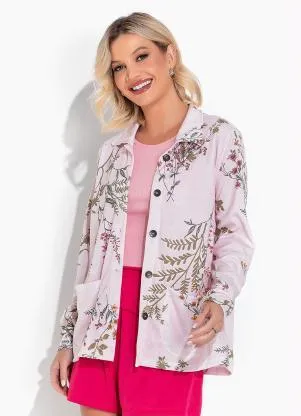 Moda Pop - Casaco Floral Rosa com Dechamento de Botões - MODA POP