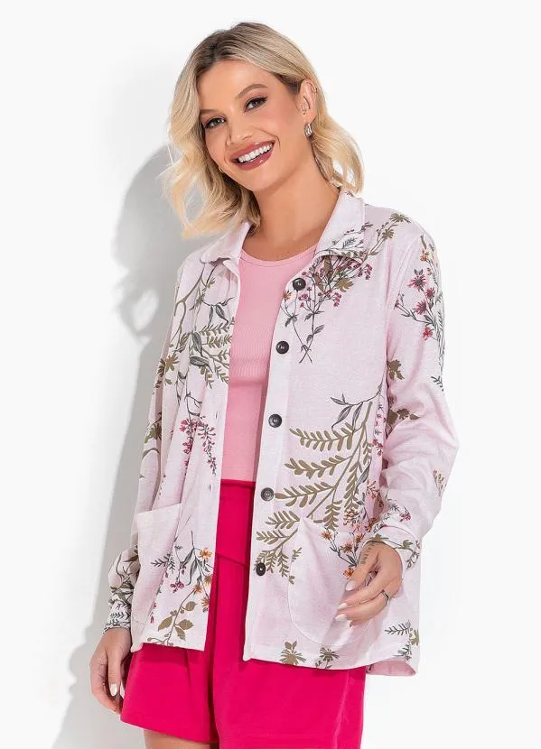 Moda Pop - Casaco Floral Rosa com Dechamento de Botões