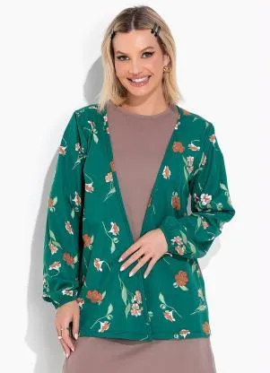 Moda Pop - Casaco Floral Verde com Mangas Bufantes - MODA POP