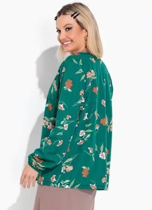 Moda Pop - Casaco Floral Verde com Mangas Bufantes - MODA POP