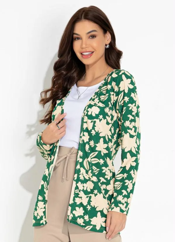 Moda Pop - Casaco Floral Verde com Mangas Longas