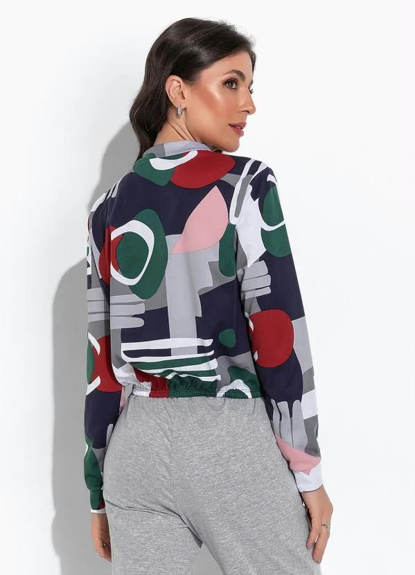 Moda Pop - Casaco Geométrico Cinza com Fechamento em Zíper 2