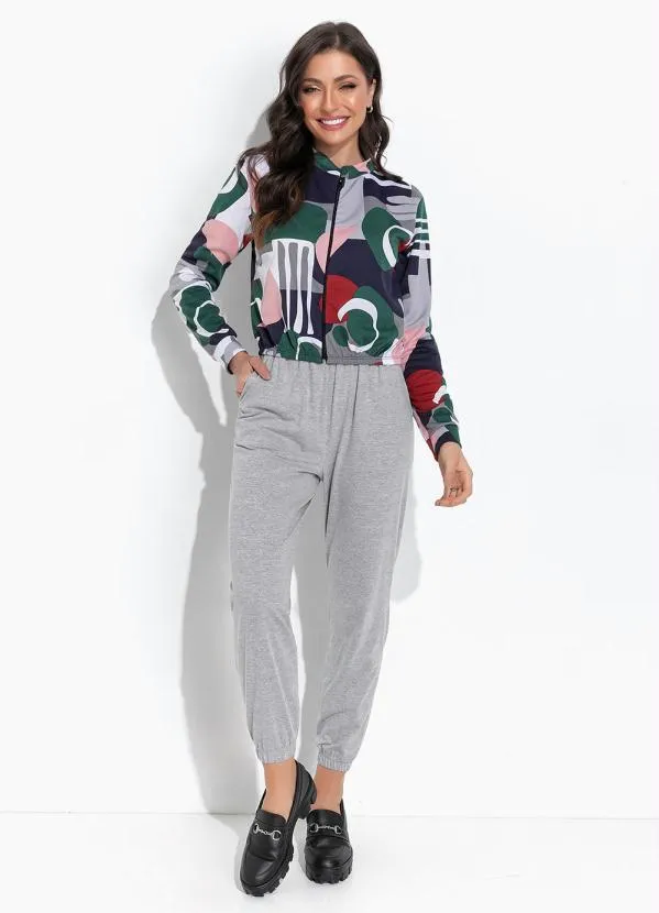 Moda Pop - Casaco Geométrico Cinza com Fechamento em Zíper 3