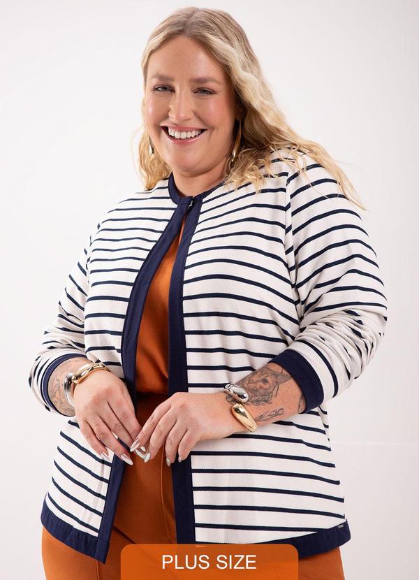 Lunender Mais Mulher - Casaco Listrado com Gola Redonda Azul