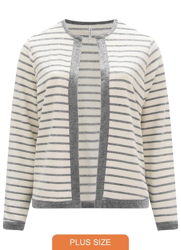 Lunender Mais Mulher - Casaco Listrado com Gola Redonda Cinza