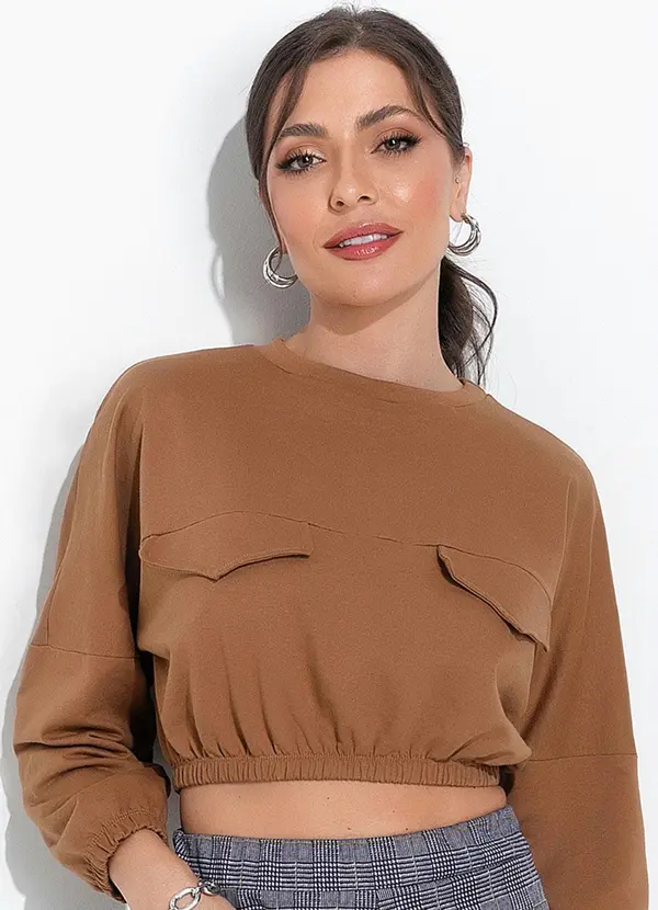 Moda Pop - Casaco Marrom com Elástico na Barra