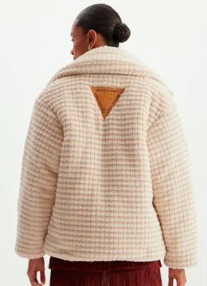 Lança Perfume - Casaco Oversized de Pêlo Sintético Xadrez Bege - LANÇA PERFUME