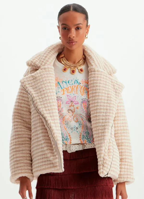 Lança Perfume - Casaco Oversized de Pêlo Sintético Xadrez Bege 1