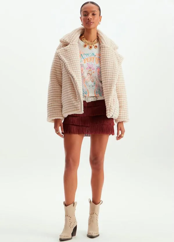 Lança Perfume - Casaco Oversized de Pêlo Sintético Xadrez Bege 3