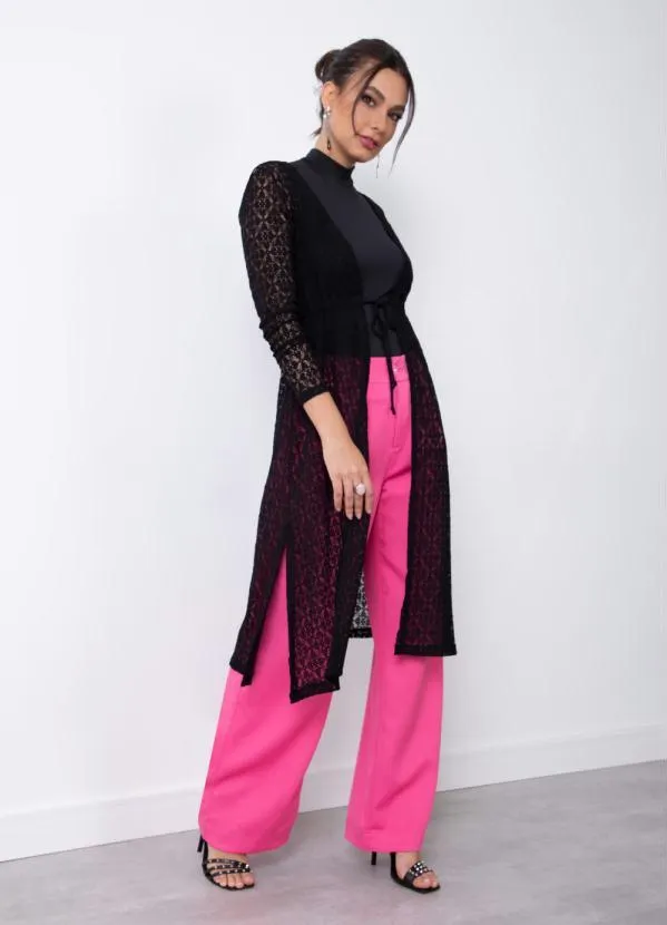 Quintess - Casaco Preto Alongado de Renda com Amarração 2