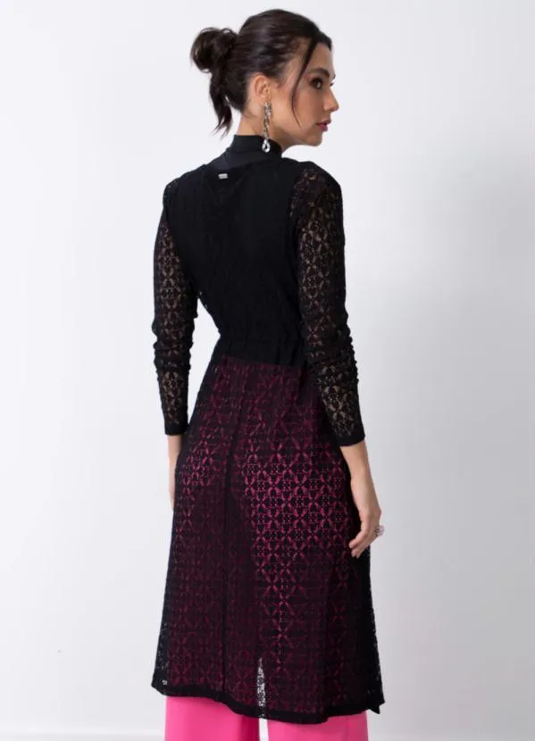 Quintess - Casaco Preto Alongado de Renda com Amarração 3