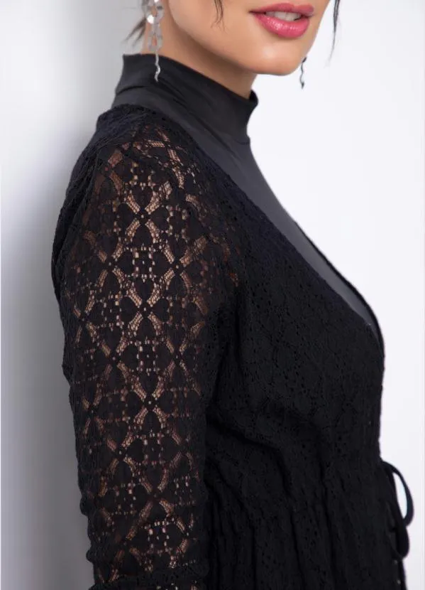 Quintess - Casaco Preto Alongado de Renda com Amarração 4