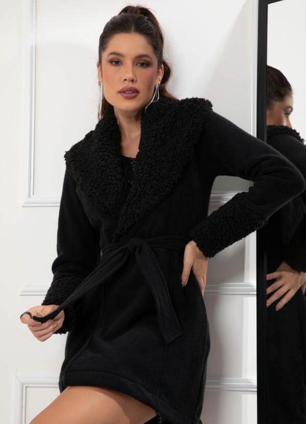 Quintess - Casaco Preto em Plush com Detalhes em Carneiro 7