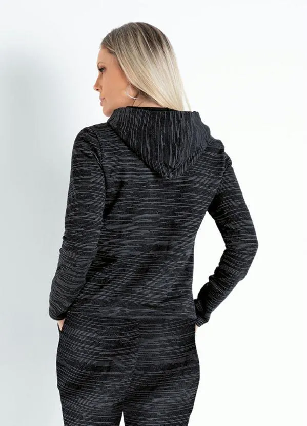 Moda Pop - Casaco Preto Rajado com Estampa e Capuz 2