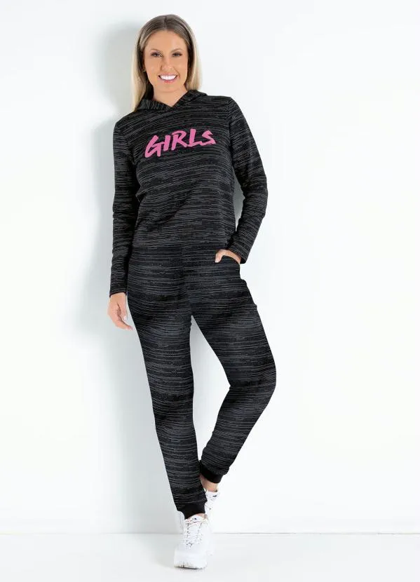 Moda Pop - Casaco Preto Rajado com Estampa e Capuz 3