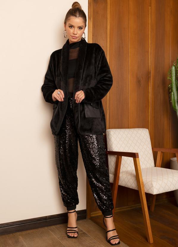 Quintess - Casaco Preto Teddy com Mix de Material 3
