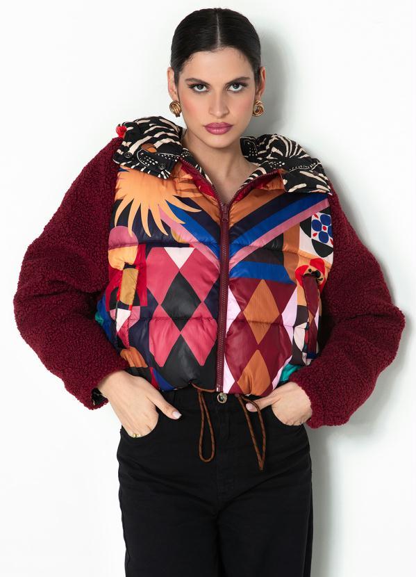Farm - Casaco Puffer Cropped Pelinho Tropicaos Estampado