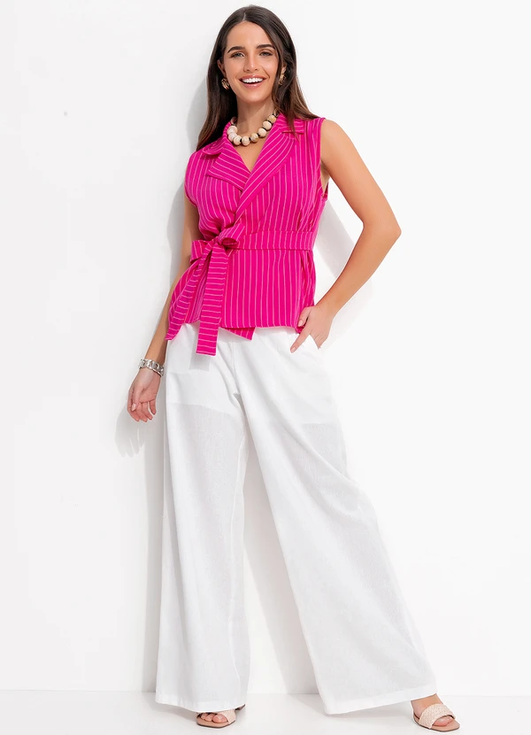 Quintess - Colete Longo Alfaiataria Risca de Giz Pink com Faixa para Amarrar 4