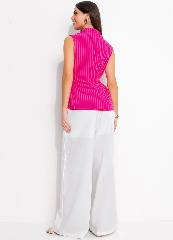 Quintess - Colete Longo Alfaiataria Risca de Giz Pink com Faixa para Amarrar 3