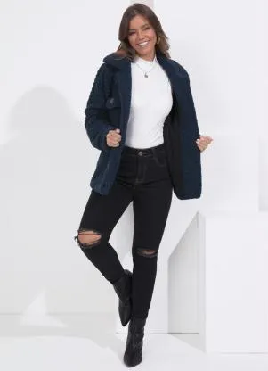 Queima Estoque - Casaco Teddy Marinho Alongado com Bolsos - QUEIMA ESTOQUE