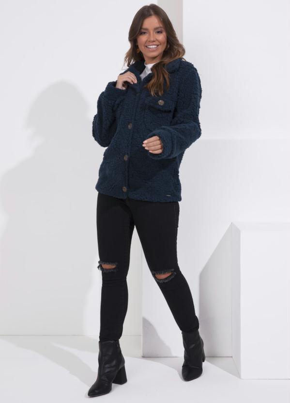 Queima Estoque - Casaco Teddy Marinho Alongado com Bolsos 2