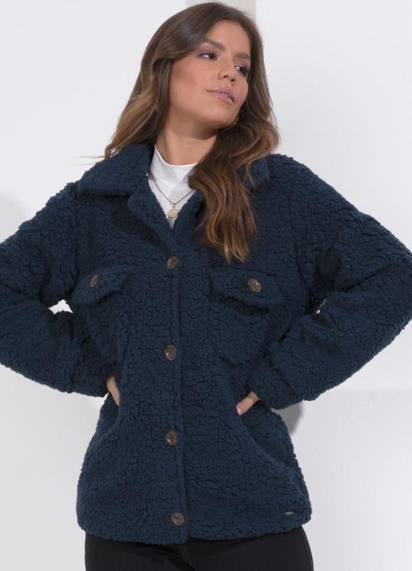 Queima Estoque - Casaco Teddy Marinho Alongado com Bolsos 3