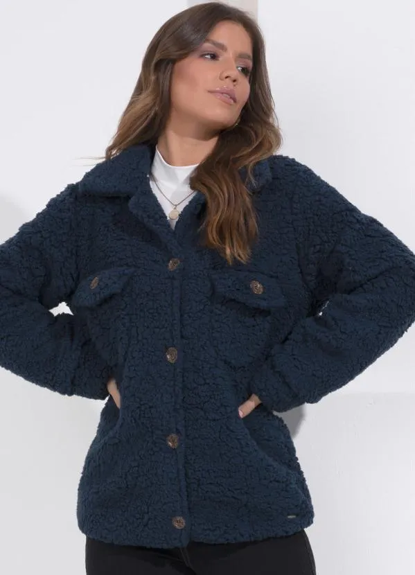 Queima Estoque - Casaco Teddy Marinho Alongado com Bolsos 3
