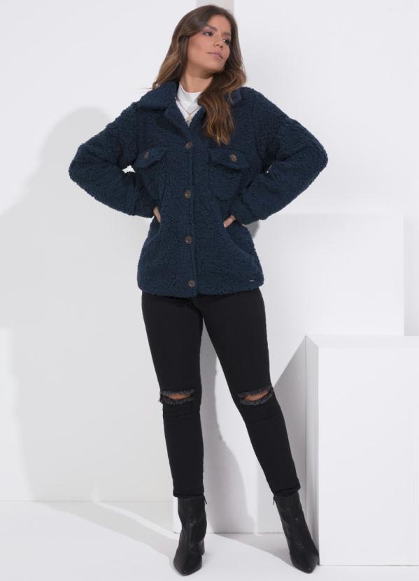 Queima Estoque - Casaco Teddy Marinho Alongado com Bolsos 5