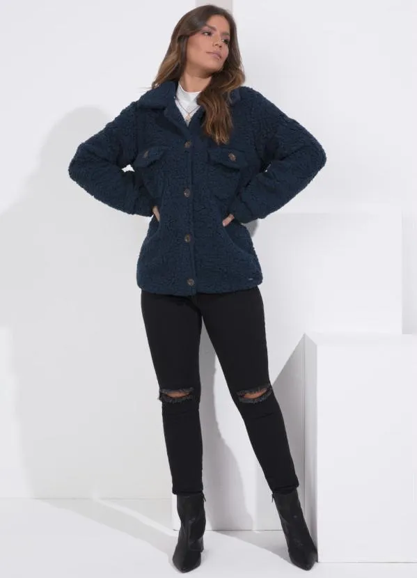 Queima Estoque - Casaco Teddy Marinho Alongado com Bolsos 5