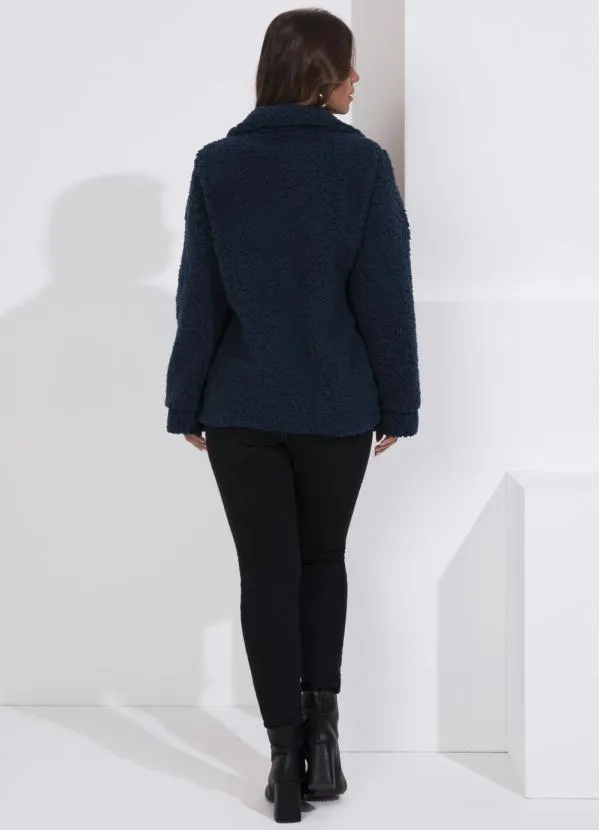 Queima Estoque - Casaco Teddy Marinho Alongado com Bolsos 6