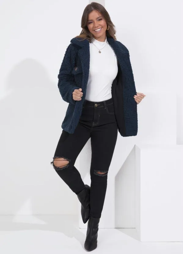 Queima Estoque - Casaco Teddy Marinho Alongado com Bolsos 7