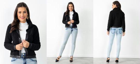 Casaco Teddy Preto com Bot�es de Press�o