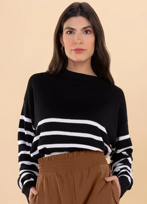 Angel - Casaco Tricot Listras Preto - ANGEL