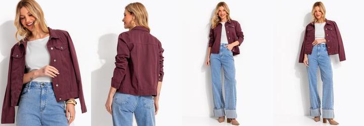 Jaqueta Jeans Vinho com Modelagem Ajustada e Bolsos Frontais