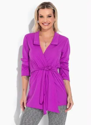Moda Pop - Casaco Violeta com Gola e Faixa - MODA POP
