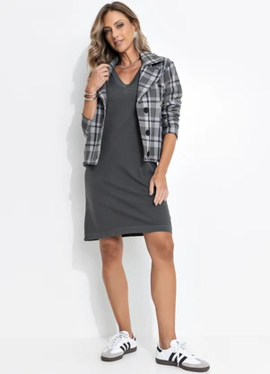 Quintess - Casaco Xadrez Cinza em Tweed - QUINTESS