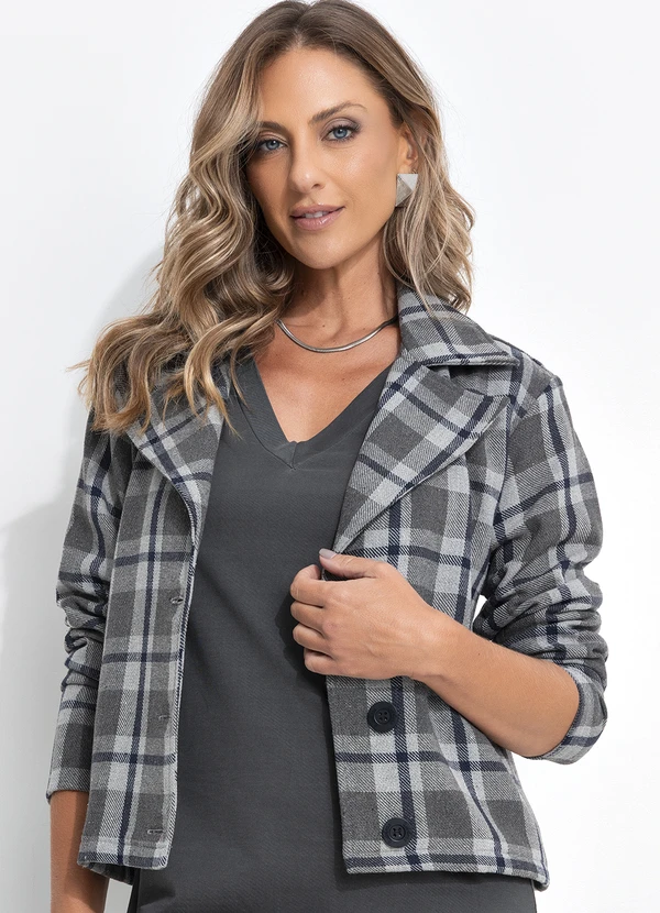 Quintess - Casaco Xadrez Cinza em Tweed