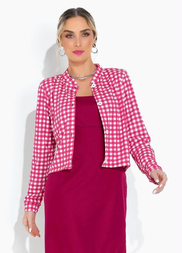 Moda Pop - Casaco Xadrez com Gola e Fechamento de Botões