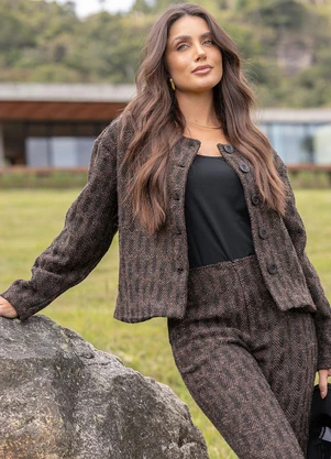 Quintess - Casaco Xadrez Marrom em Tweed Encorpado - QUINTESS